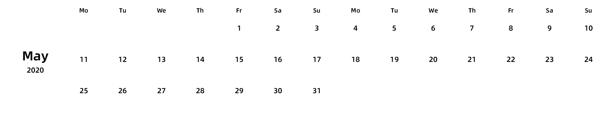 英文版 周一开始 带节假日调休安排