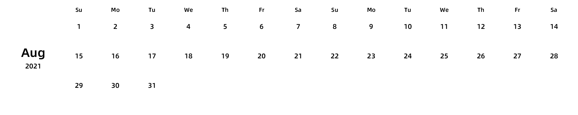 英文版 周日开始 带节假日调休安排
