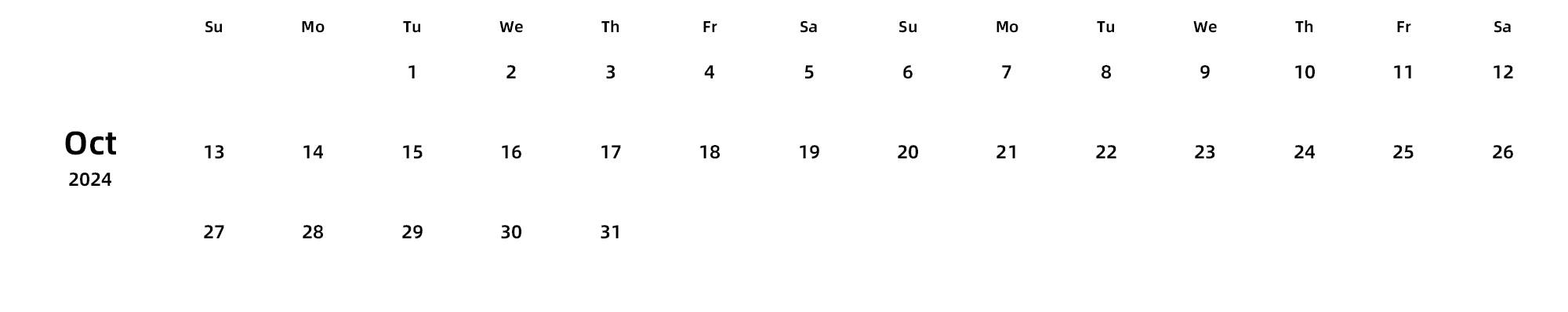 英文版 周日开始 带节假日调休安排