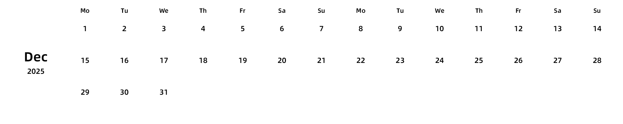 英文版 周一开始 带节假日调休安排