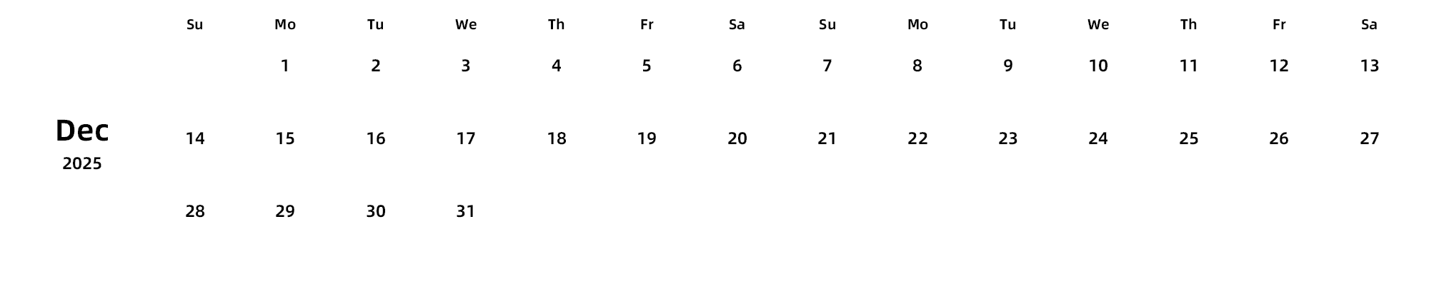 英文版 周日开始 带节假日调休安排