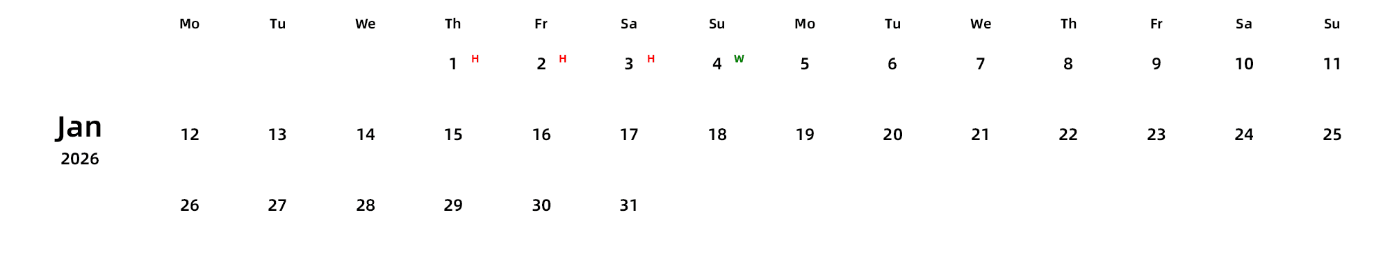 英文版 周一开始 带节假日调休安排
