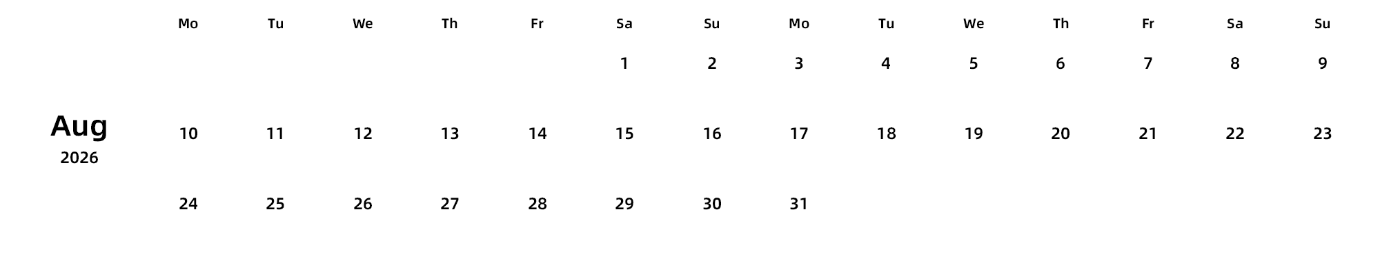 英文版 周一开始 带节假日调休安排