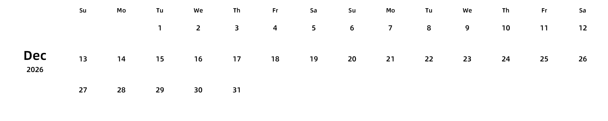 英文版 周日开始 带节假日调休安排