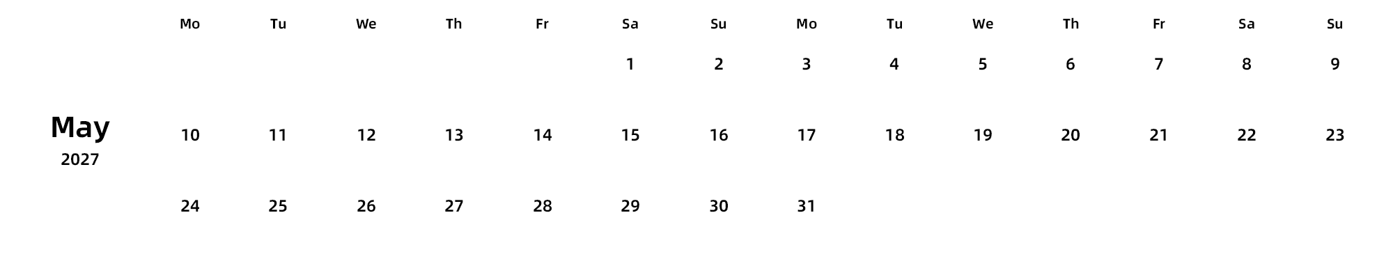 英文版 周一开始 带节假日调休安排