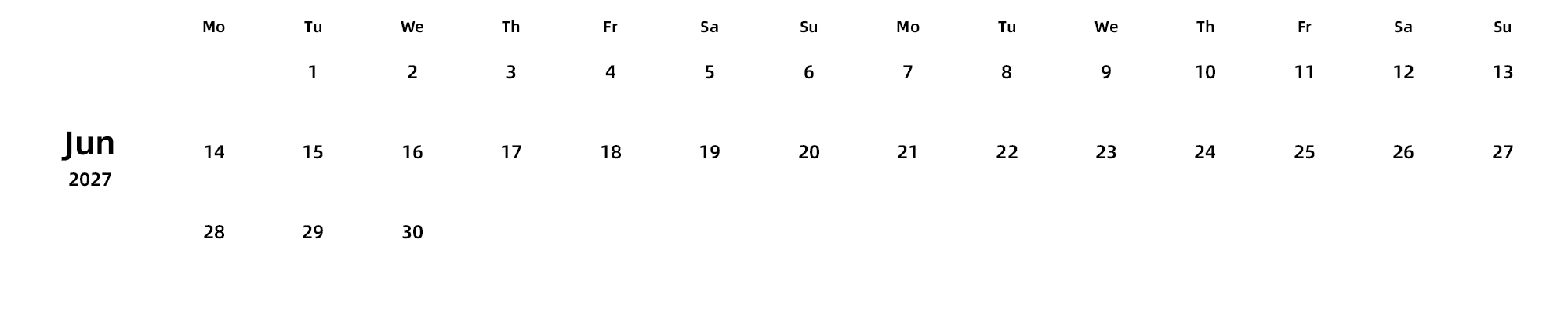 英文版 周一开始 带节假日调休安排