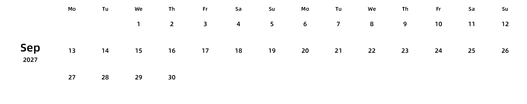 英文版 周一开始 带节假日调休安排