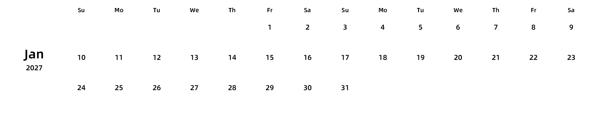 英文版 周日开始 带节假日调休安排