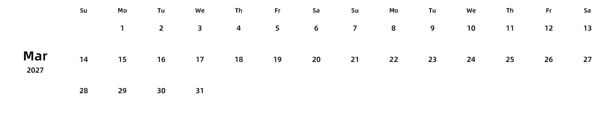 英文版 周日开始 带节假日调休安排
