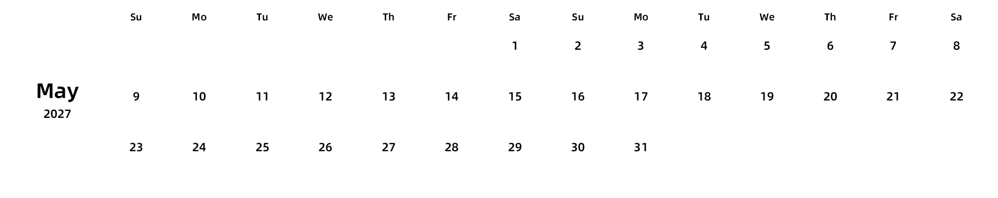 英文版 周日开始 带节假日调休安排