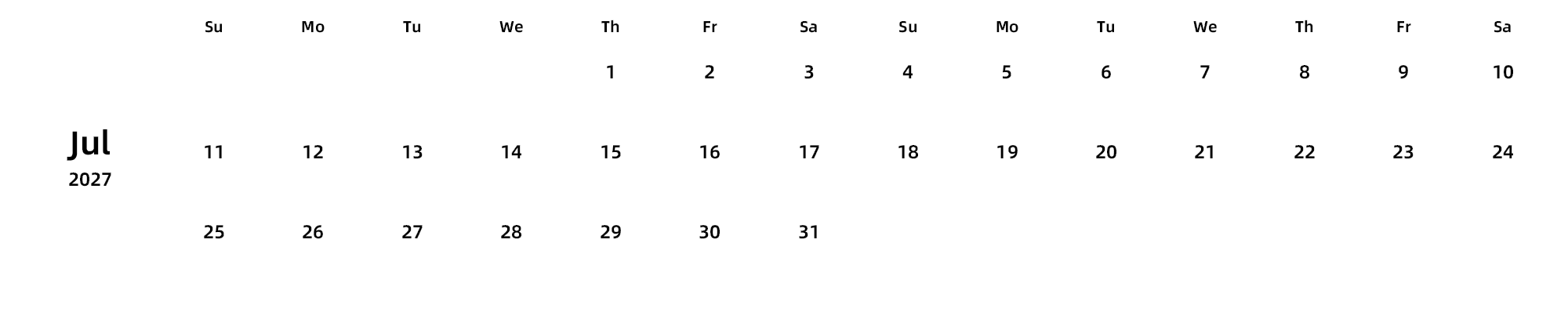 英文版 周日开始 带节假日调休安排