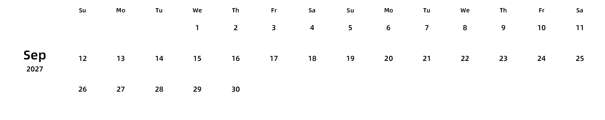 英文版 周日开始 带节假日调休安排