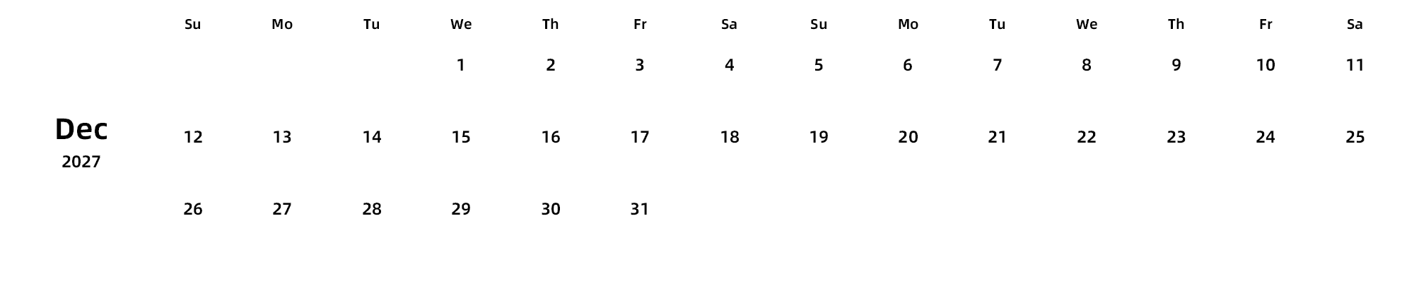 英文版 周日开始 带节假日调休安排