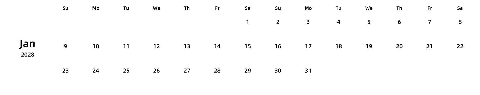 英文版 周日开始 带节假日调休安排