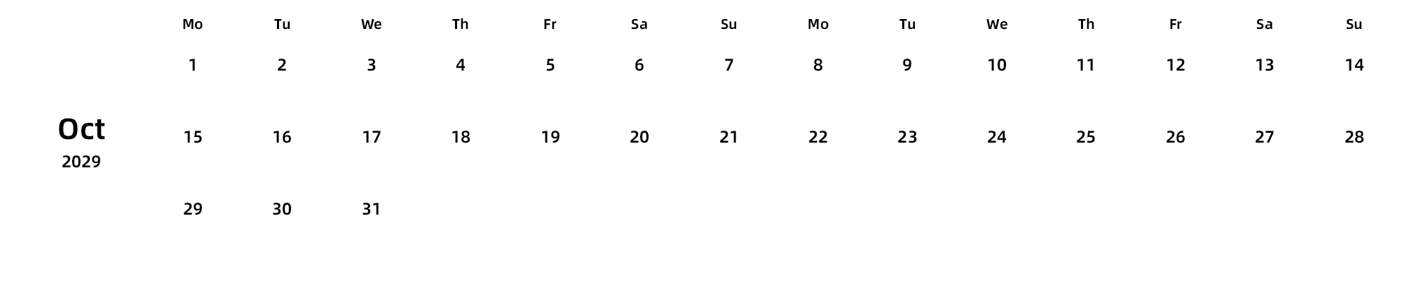 英文版 周一开始 带节假日调休安排