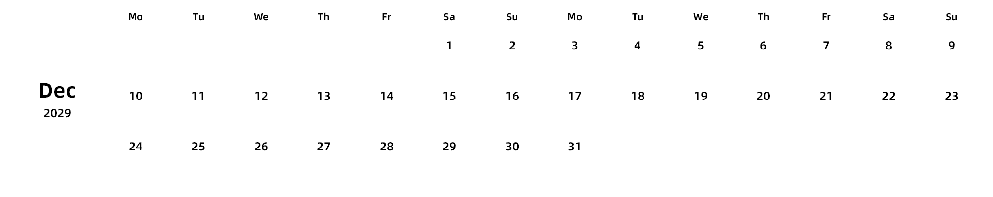 英文版 周一开始 带节假日调休安排