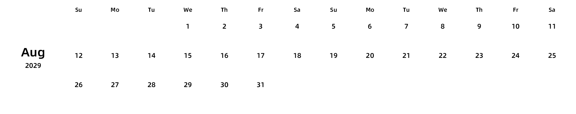 英文版 周日开始 带节假日调休安排
