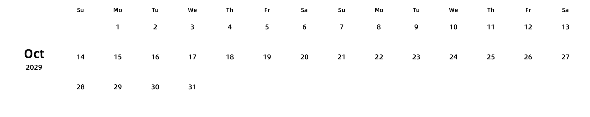 英文版 周日开始 带节假日调休安排