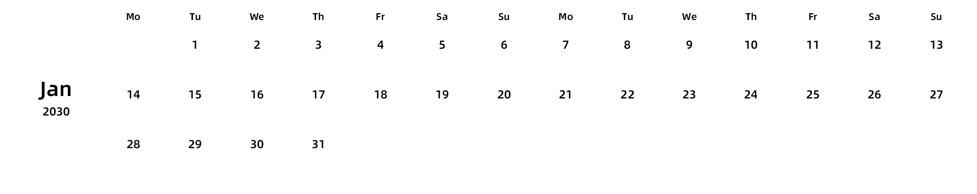 英文版 周一开始 带节假日调休安排