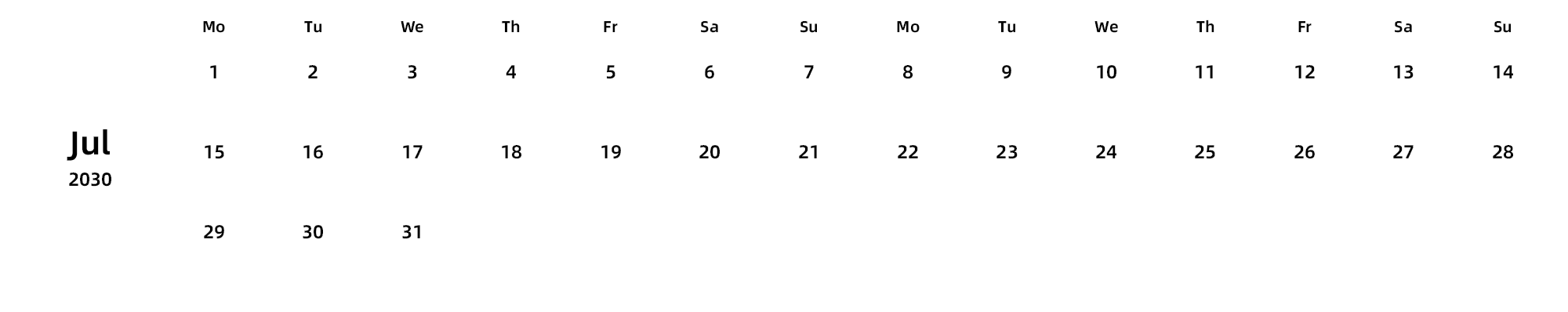 英文版 周一开始 带节假日调休安排