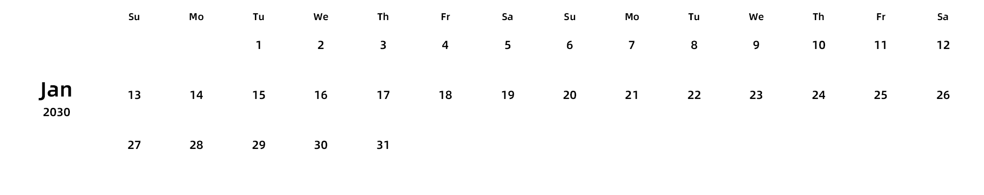 英文版 周日开始 带节假日调休安排