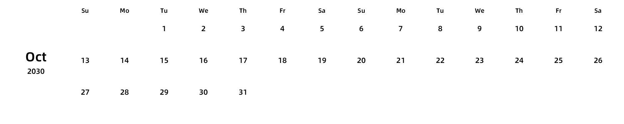 英文版 周日开始 带节假日调休安排