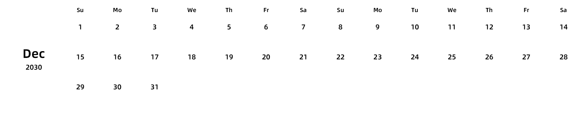 英文版 周日开始 带节假日调休安排