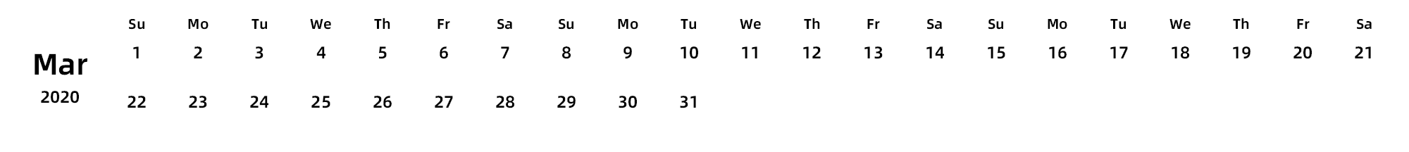 英文版 周日开始 带节假日调休安排