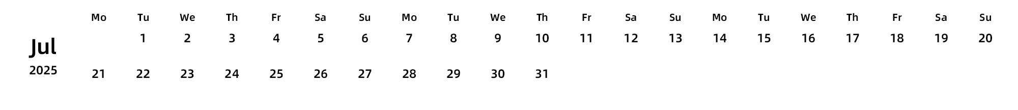 英文版 周一开始 带节假日调休安排