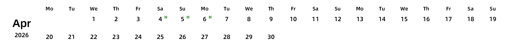 英文版 周一开始 带节假日调休安排