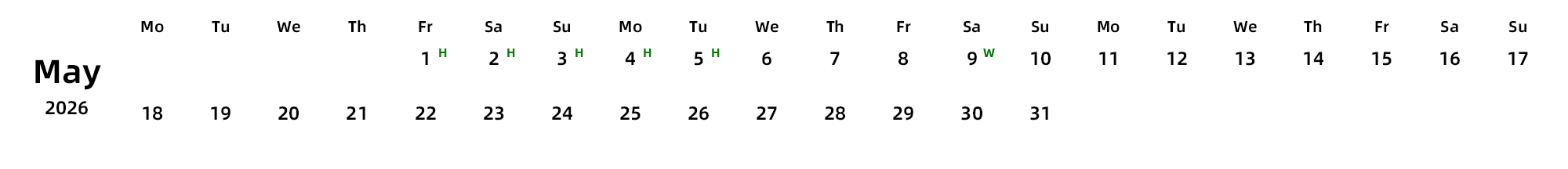 英文版 周一开始 带节假日调休安排