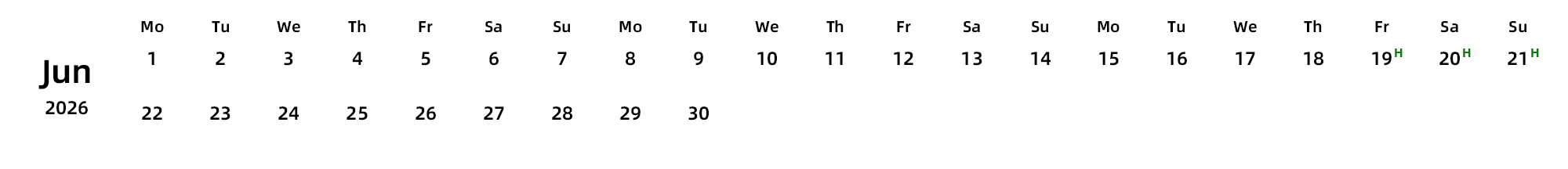 英文版 周一开始 带节假日调休安排