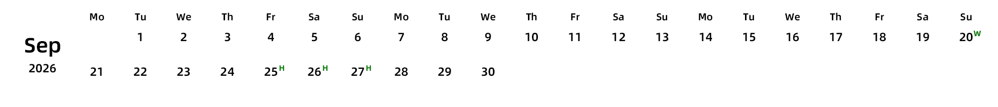 英文版 周一开始 带节假日调休安排