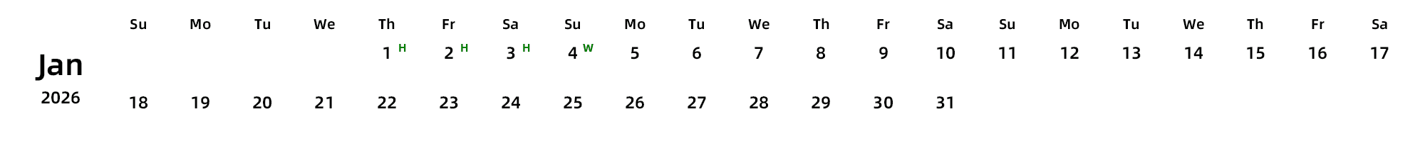 英文版 周日开始 带节假日调休安排