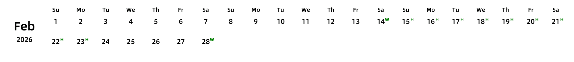 英文版 周日开始 带节假日调休安排