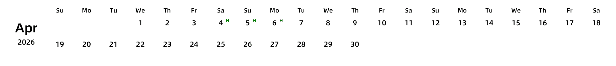 英文版 周日开始 带节假日调休安排