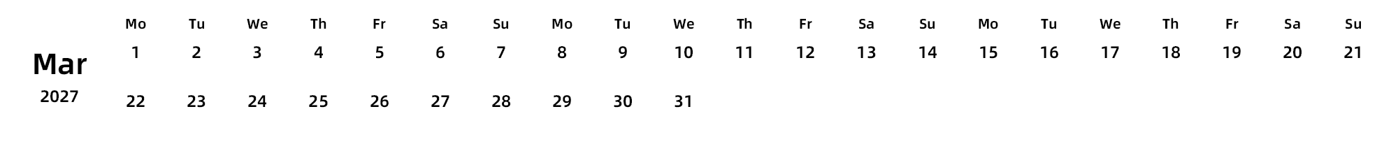 英文版 周一开始 带节假日调休安排