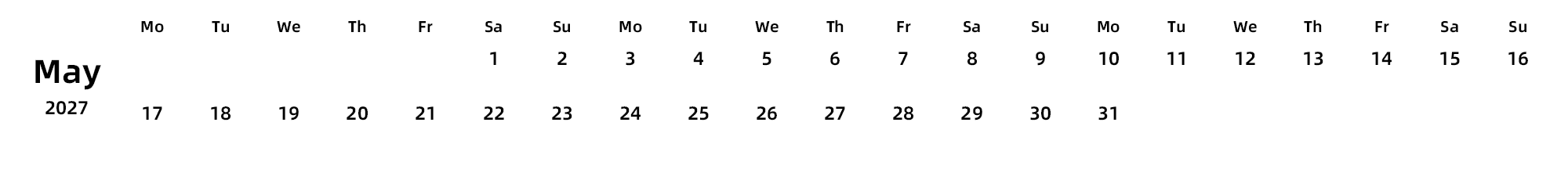 英文版 周一开始 带节假日调休安排