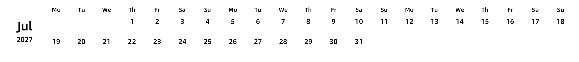 英文版 周一开始 带节假日调休安排