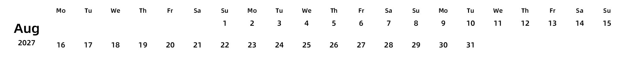 英文版 周一开始 带节假日调休安排