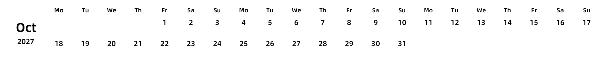 英文版 周一开始 带节假日调休安排