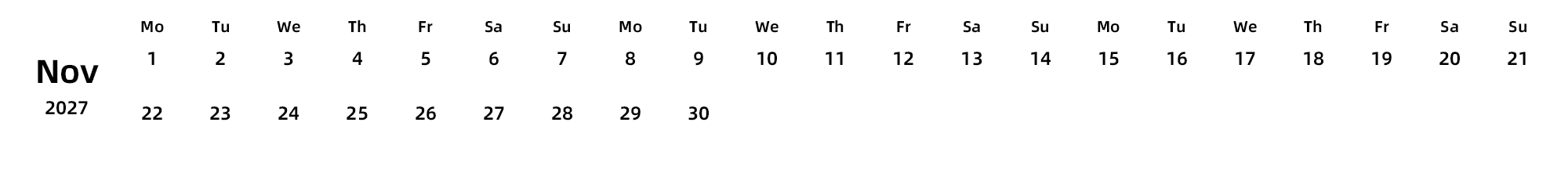 英文版 周一开始 带节假日调休安排