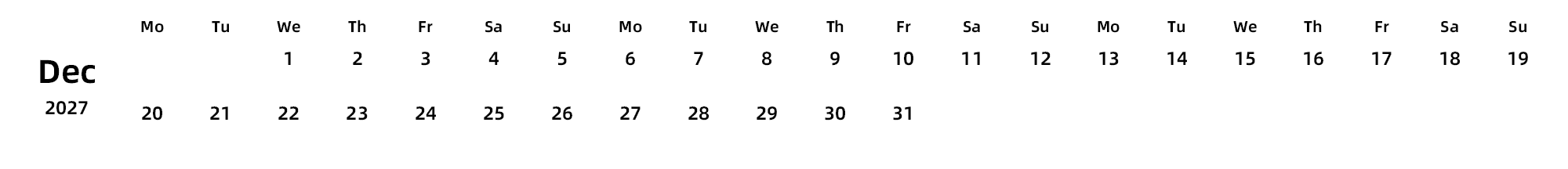 英文版 周一开始 带节假日调休安排