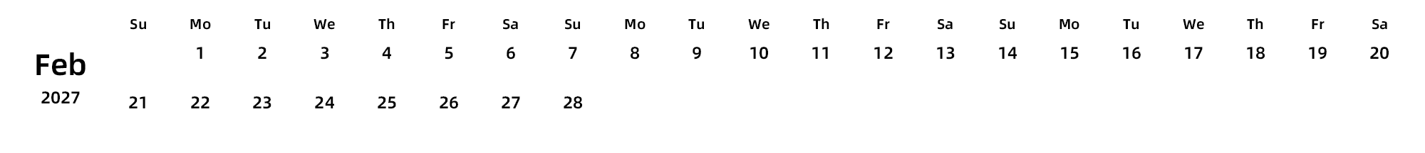 英文版 周日开始 带节假日调休安排