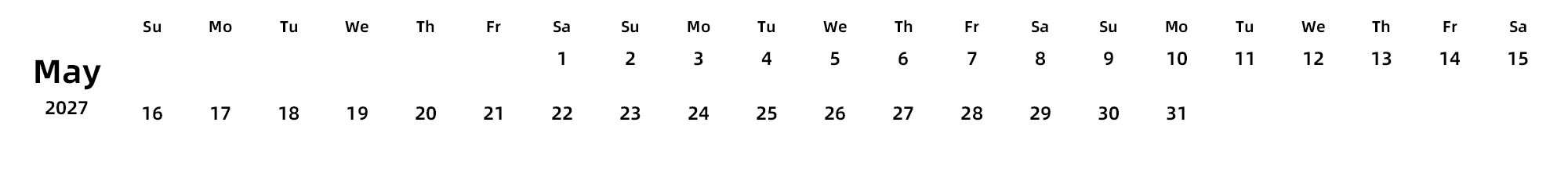 英文版 周日开始 带节假日调休安排