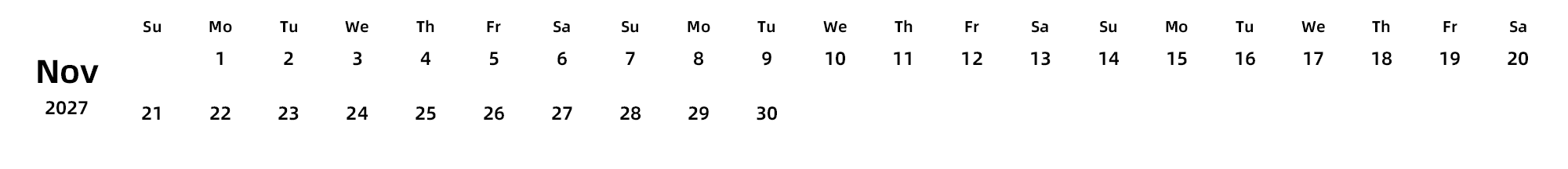 英文版 周日开始 带节假日调休安排