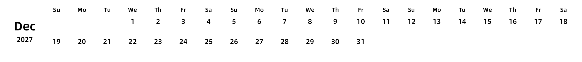 英文版 周日开始 带节假日调休安排