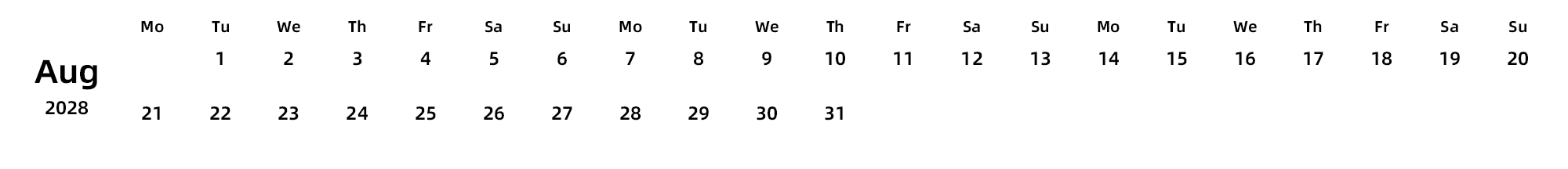 英文版 周一开始 带节假日调休安排