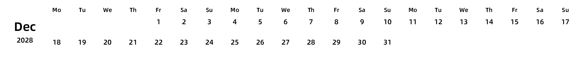 英文版 周一开始 带节假日调休安排