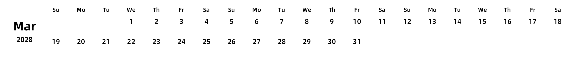 英文版 周日开始 带节假日调休安排